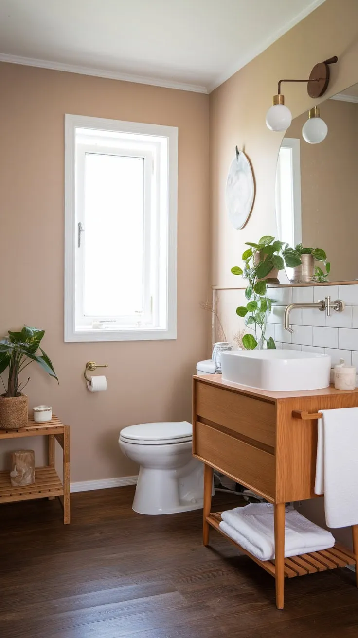 Minimalist Scandinavian design meets Japanese influences in this serene bathroom, featuring light wood, a white palette, and a touch of greenery.