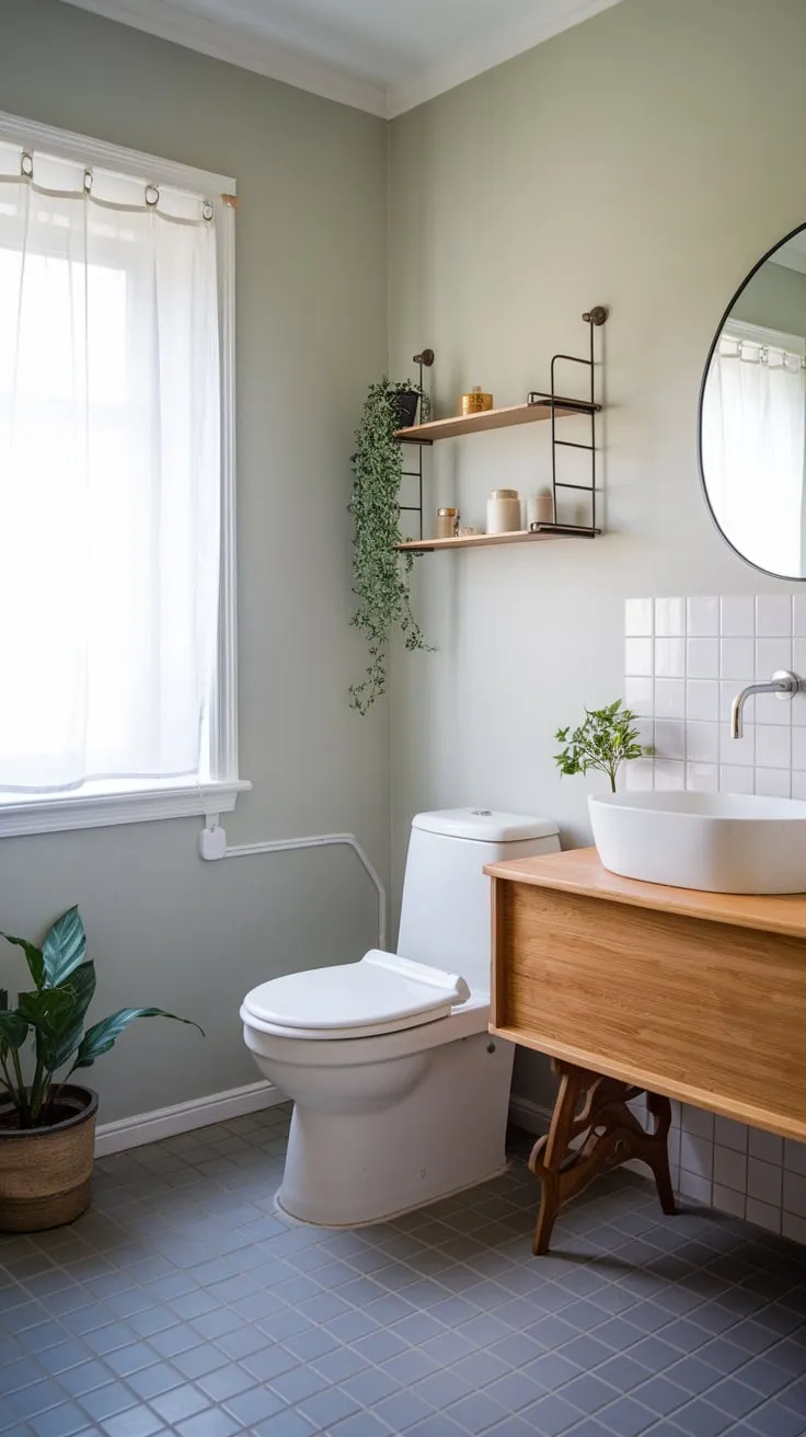 Serene grey-toned Scandinavian-Japandi bathroom features minimalist wooden accents and a calming plant.