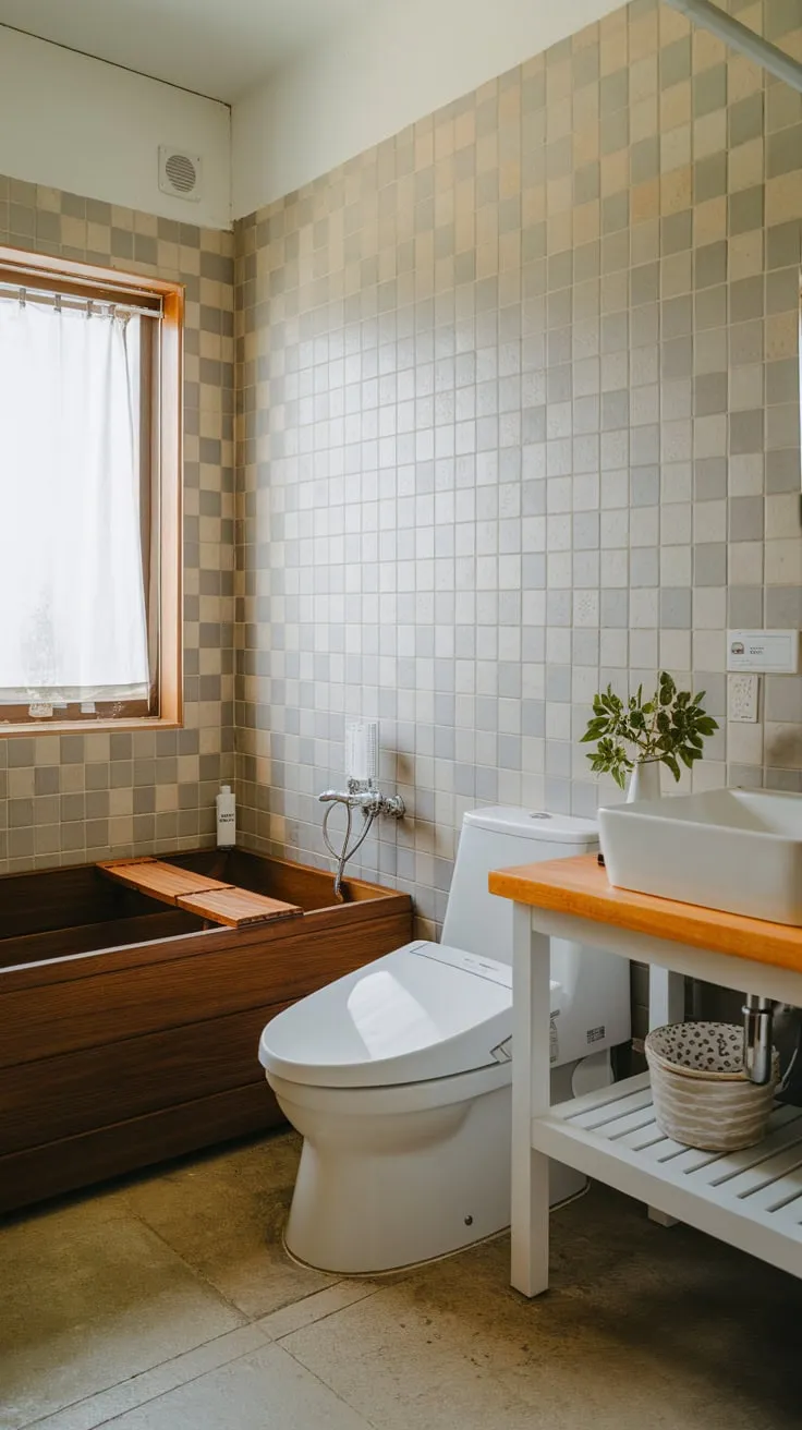 A calming blend of wood and neutral tones transforms this Scandinavian bathroom into a spa-like sanctuary.
