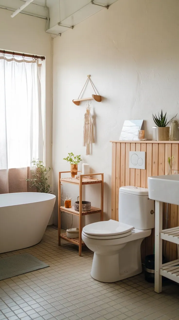 This Scandinavian-Japandi bathroom features a serene blend of natural materials and minimalist design, highlighted by a freestanding bathtub and warm wooden accents.