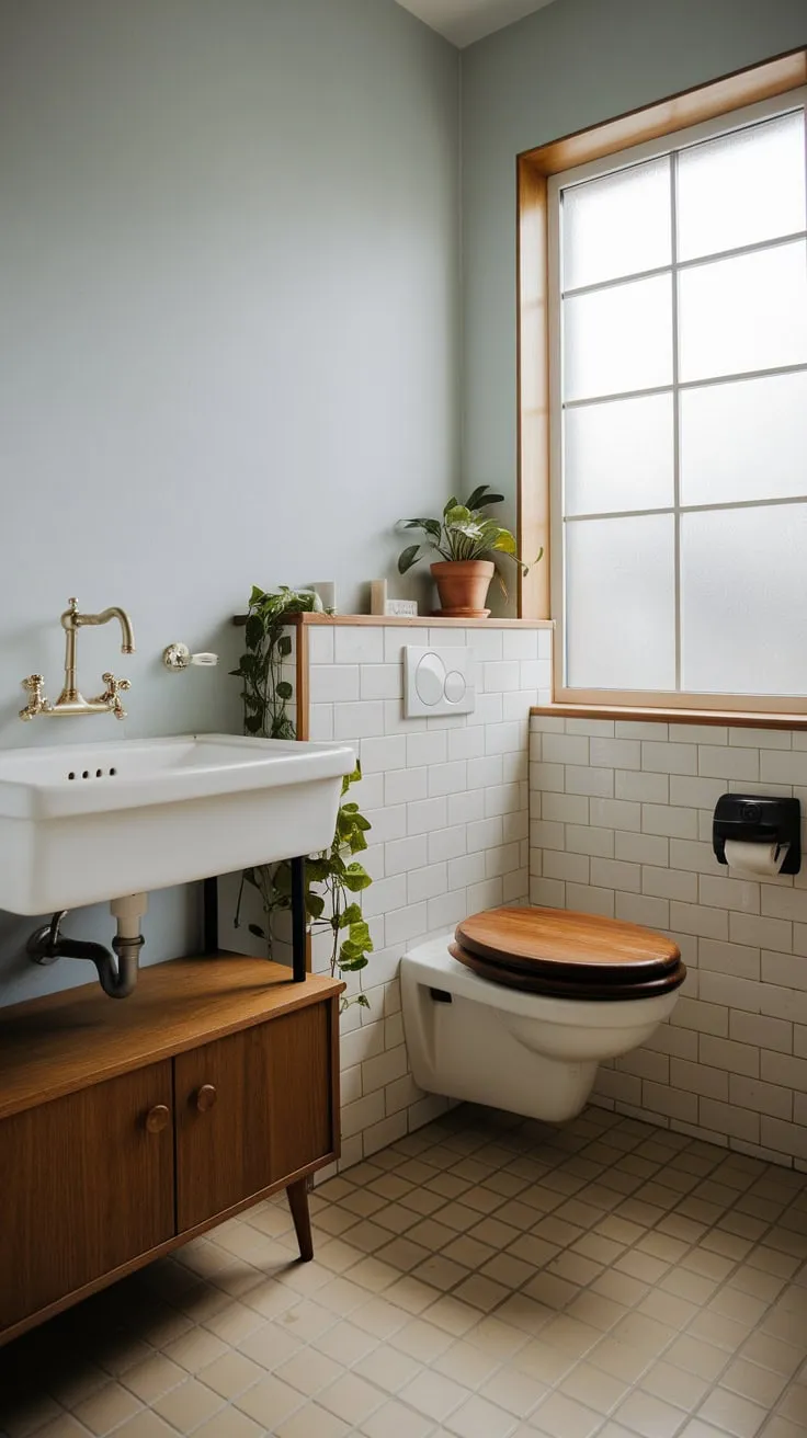 A minimalist Scandinavian bathroom blends light blue hues, natural wood, and brass fixtures for a tranquil escape.