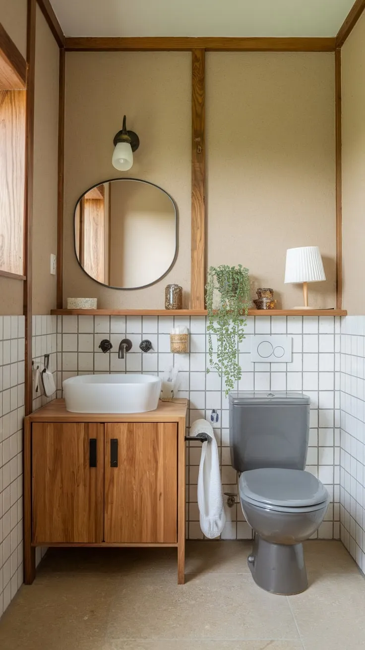 Warm beige tones and natural wood create a serene Scandinavian-Japandi bathroom sanctuary