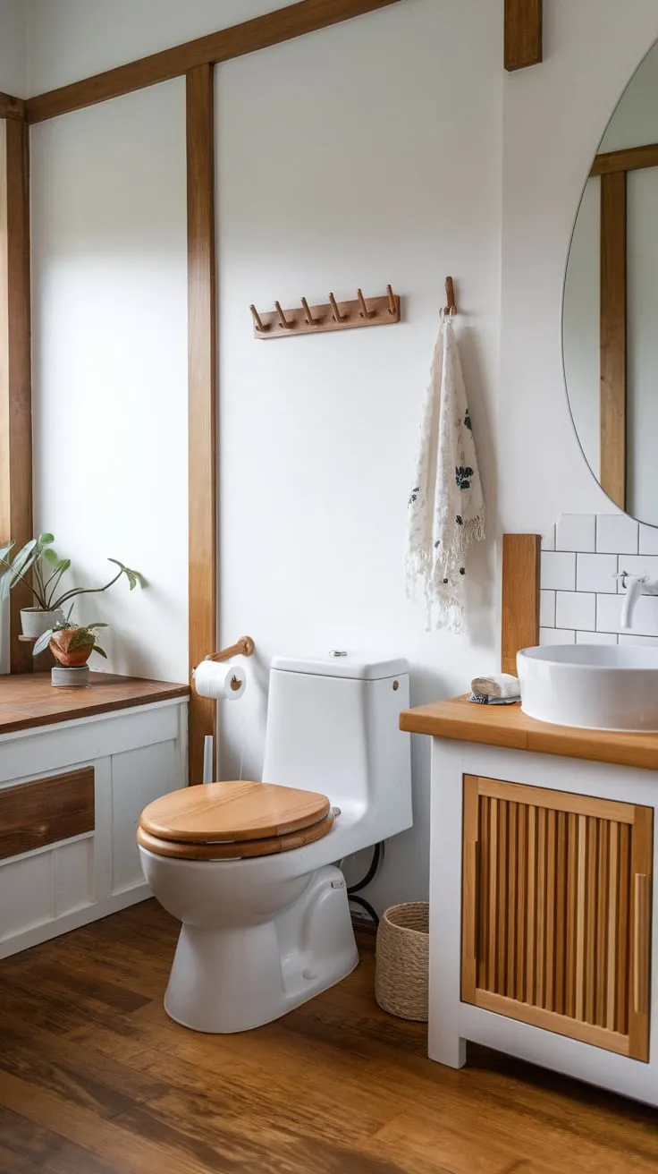 This Scandinavian bathroom blends natural wood elements with minimalist design, featuring a white sink and cabinet, a wooden toilet seat, and a touch of greenery for a serene atmosphere.