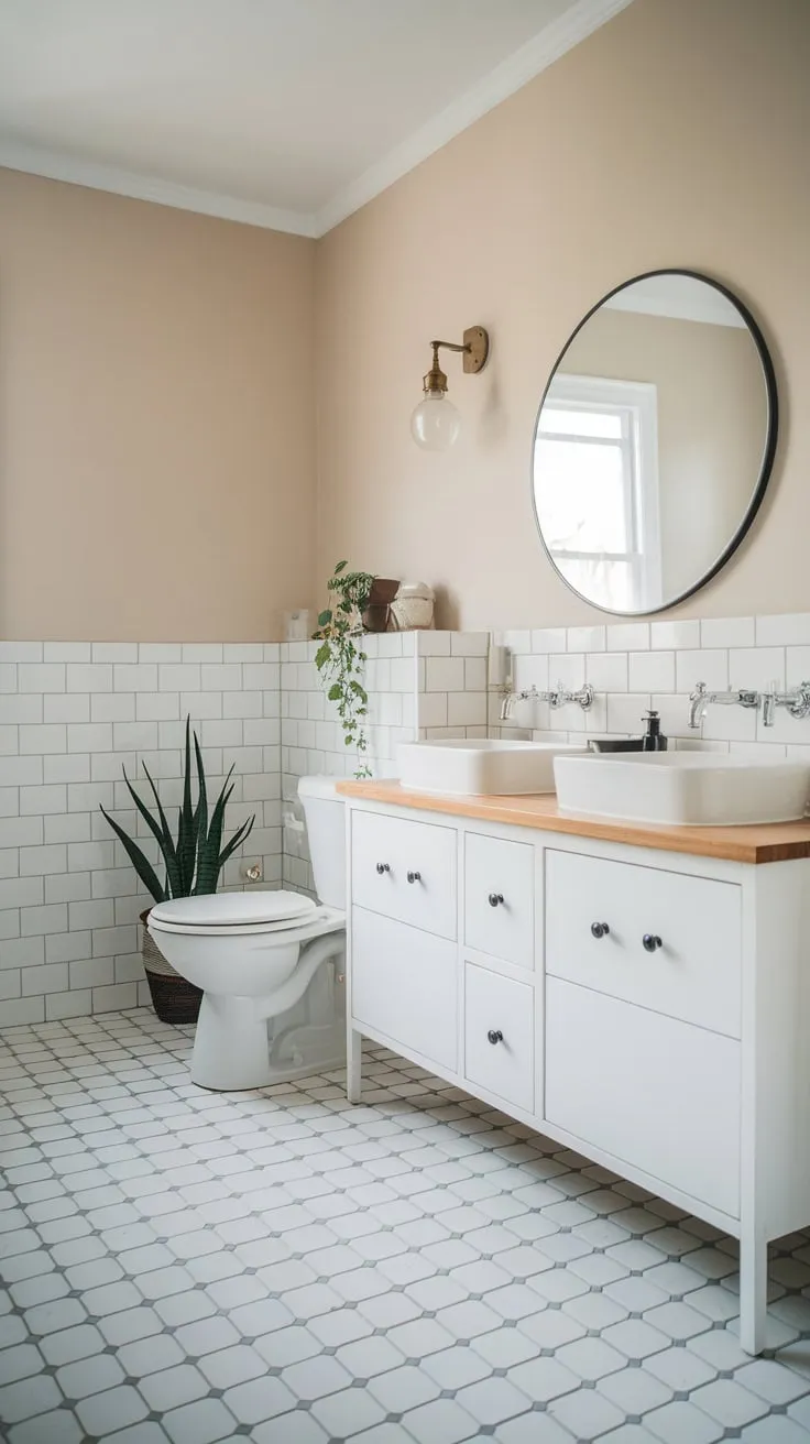 Serene beige walls and a minimalist white vanity with wooden accents create a calming Scandinavian-Japandi bathroom haven.