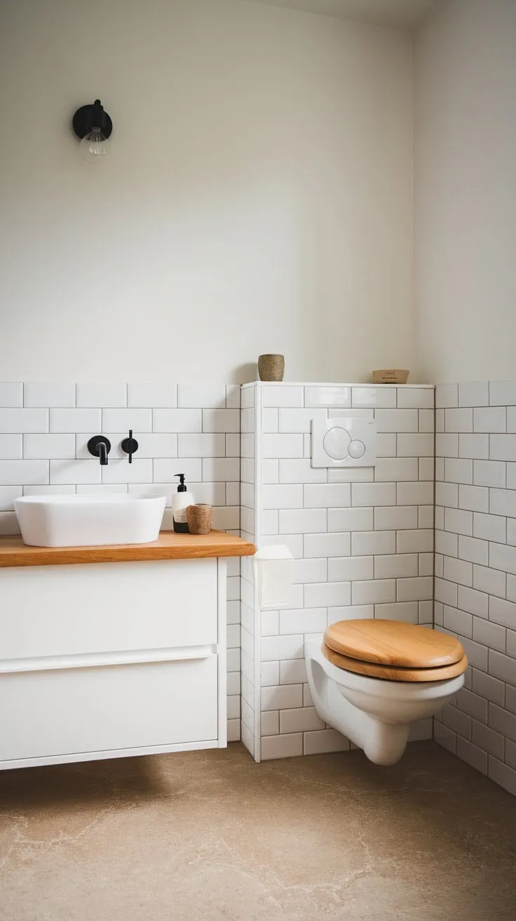 Clean lines and natural wood accents define this serene Scandinavian-Japandi bathroom.