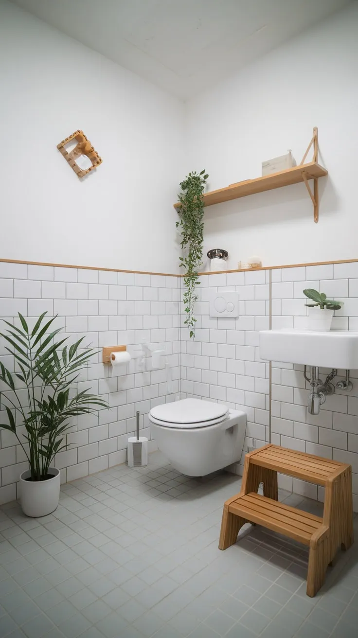 This Japandi-style Scandinavian bathroom features a serene white palette accented by warm wooden elements and a touch of greenery.
