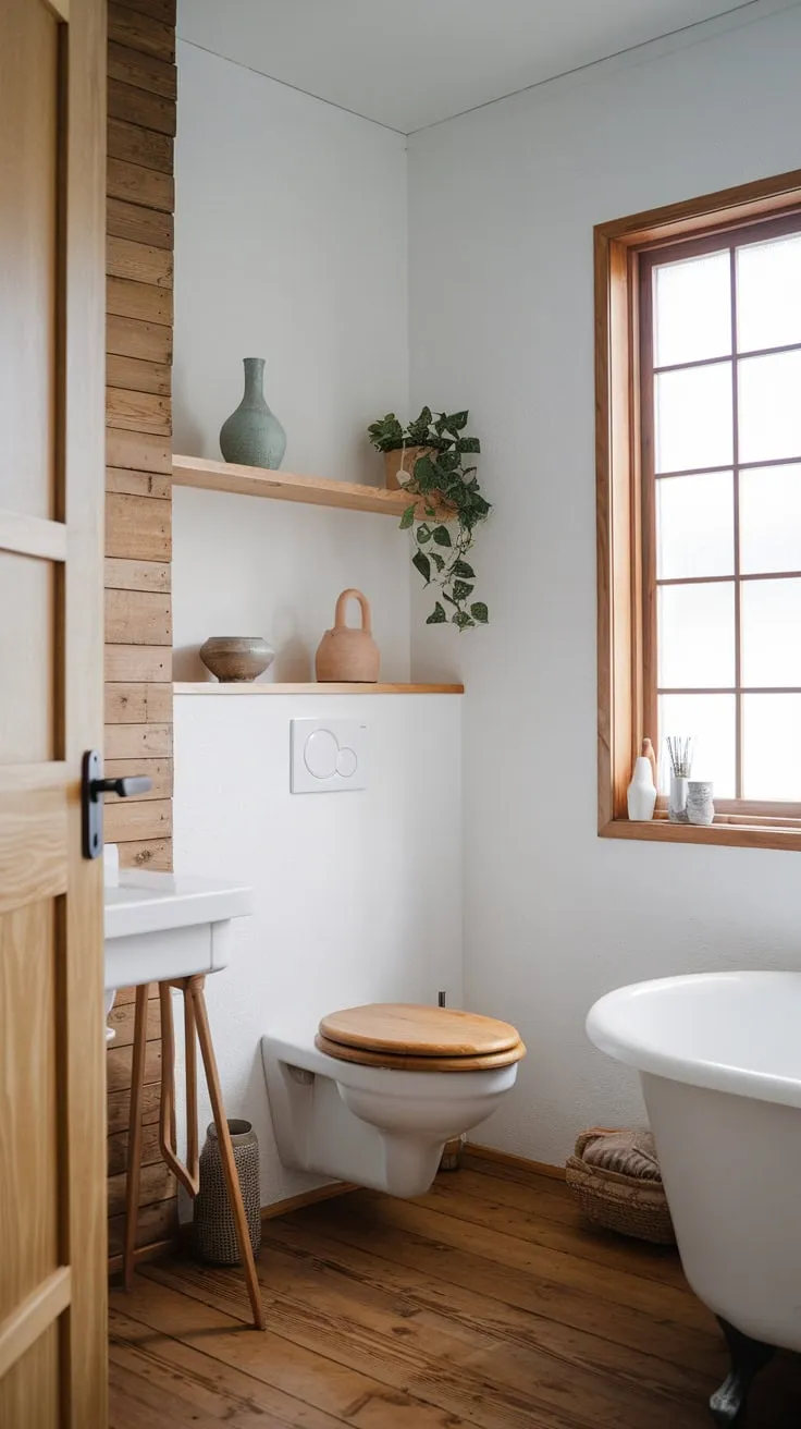 A minimalist white and wood bathroom evokes calm Scandinavian style.