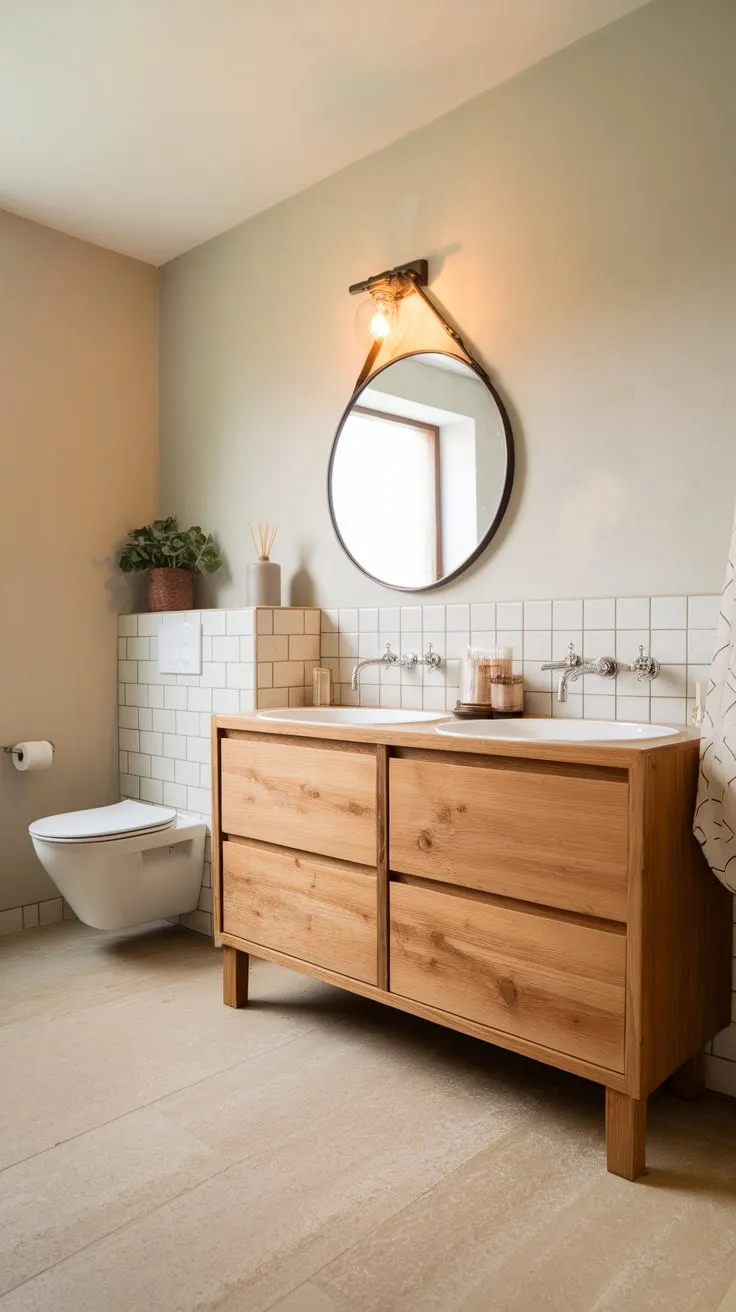 A minimalist Scandinavian bathroom boasts a light grey palette, oak double vanity, and subtle Japanese influences for a tranquil atmosphere.
