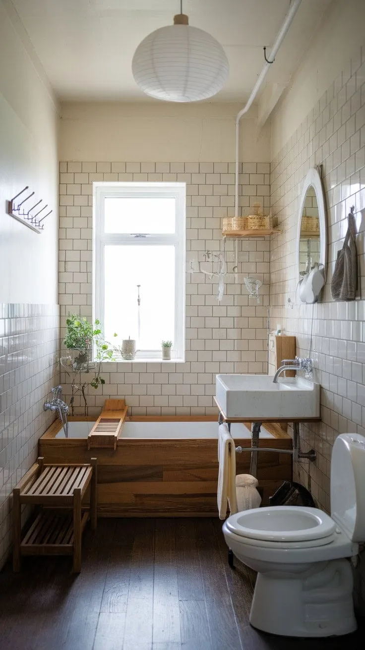 This Scandinavian-Japandi bathroom harmoniously combines warm wood tones and minimalist design to create a serene, spa-like retreat that embodies both functionality and understated elegance.