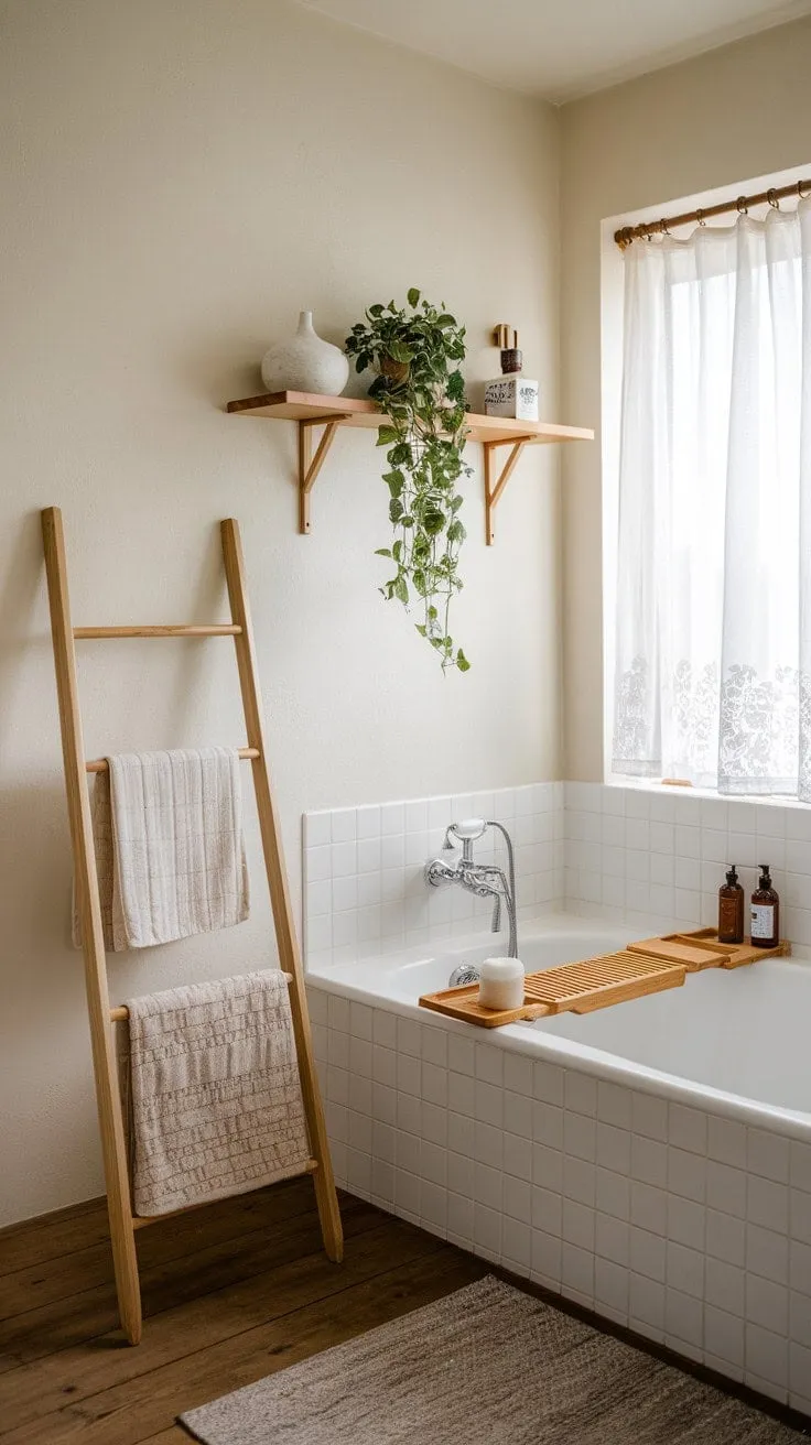 This minimalist bathroom harmoniously fuses Scandinavian and Japandi styles, bathed in natural light and adorned with wood and greenery, offering a serene escape into tranquility.