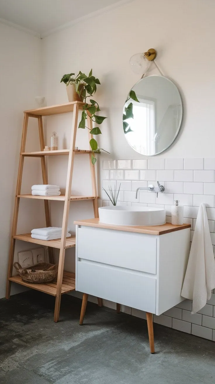This Scandinavian-Japandi bathroom embodies serene simplicity with its soft light, natural wood accents, and minimalist design, creating a tranquil sanctuary of understated elegance.