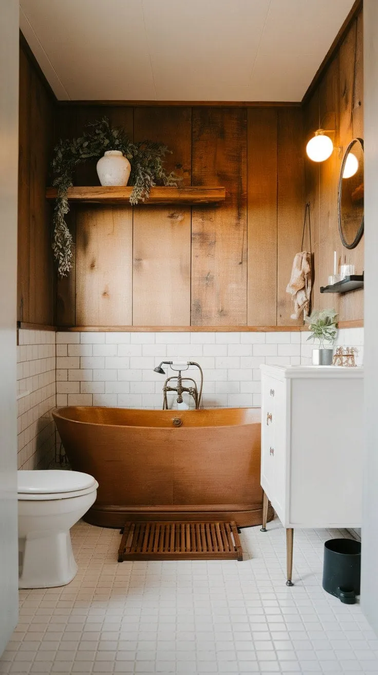 Experience pure tranquility in this Scandinavian-Japandi bathroom, where warm lighting and minimalist design converge to create a serene sanctuary.