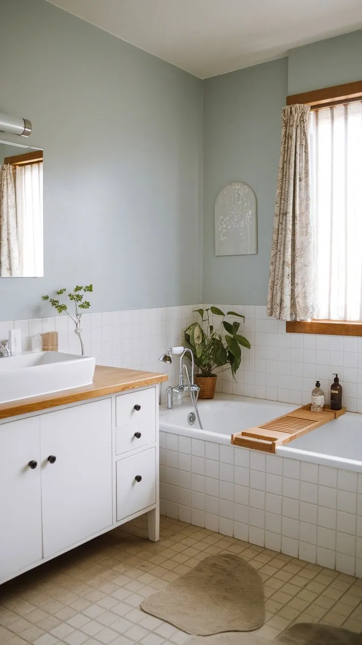 This serene bathroom, with its light blue walls and warm wood accents, masterfully blends Scandinavian and Japandi design to create a calming escape bathed in soft natural light.