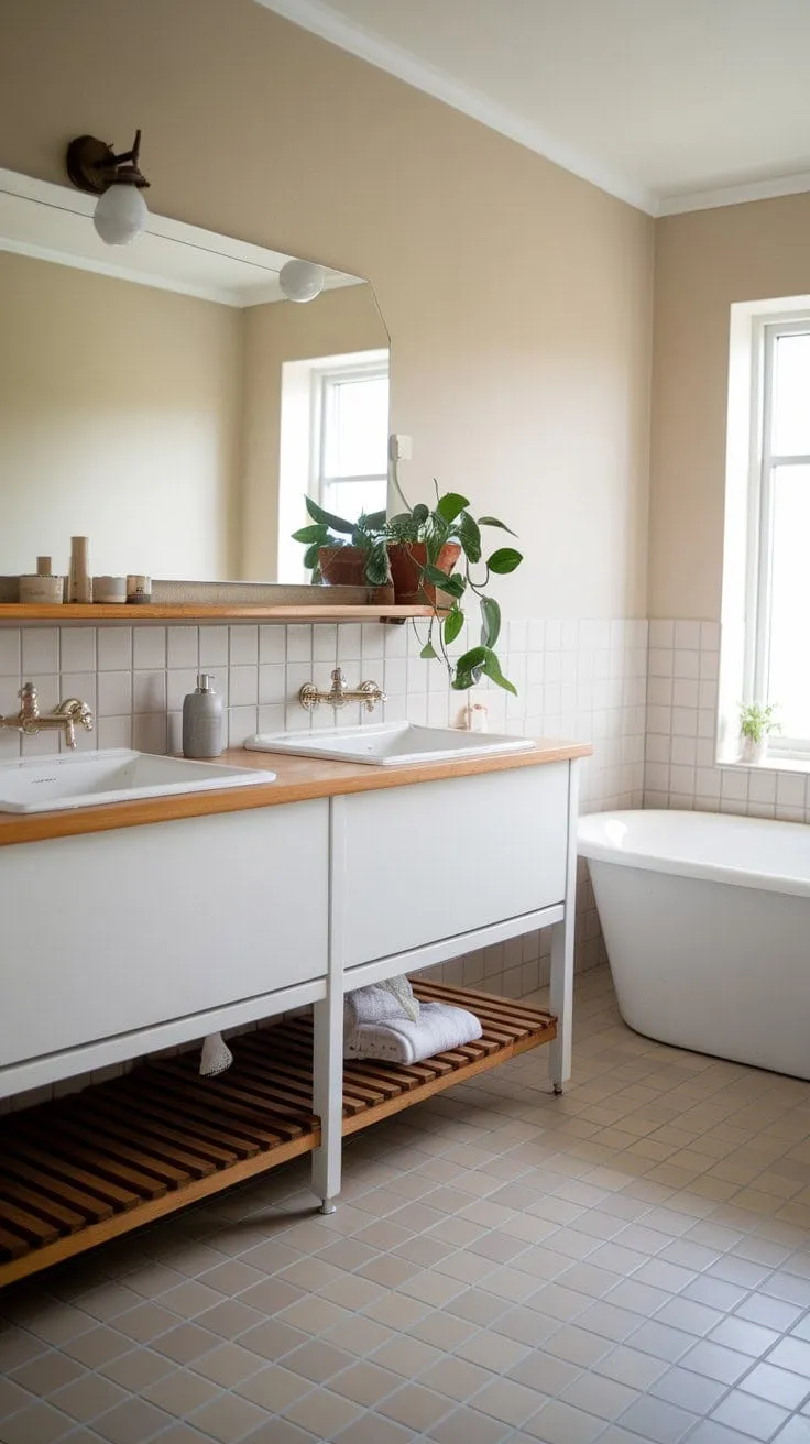 This Scandinavian-Japandi bathroom harmoniously blends understated elegance with natural textures, creating a serene retreat.