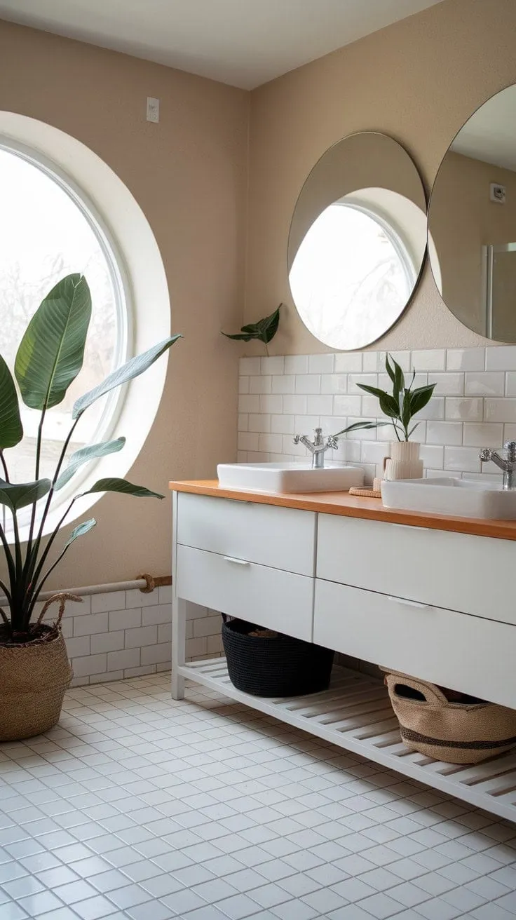 This Scandinavian-Japandi bathroom harmoniously combines minimalist design and warm tones to create a tranquil sanctuary of understated elegance.