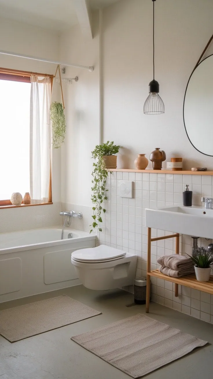 A tranquil minimalist bathroom blends Scandinavian design with Japanese wabi-sabi, offering a serene retreat of clean lines and natural materials.