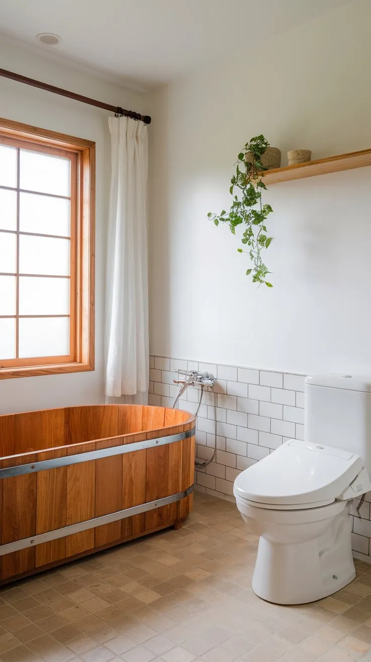 Clean lines and natural wood define this serene Scandinavian-Japandi bathroom.