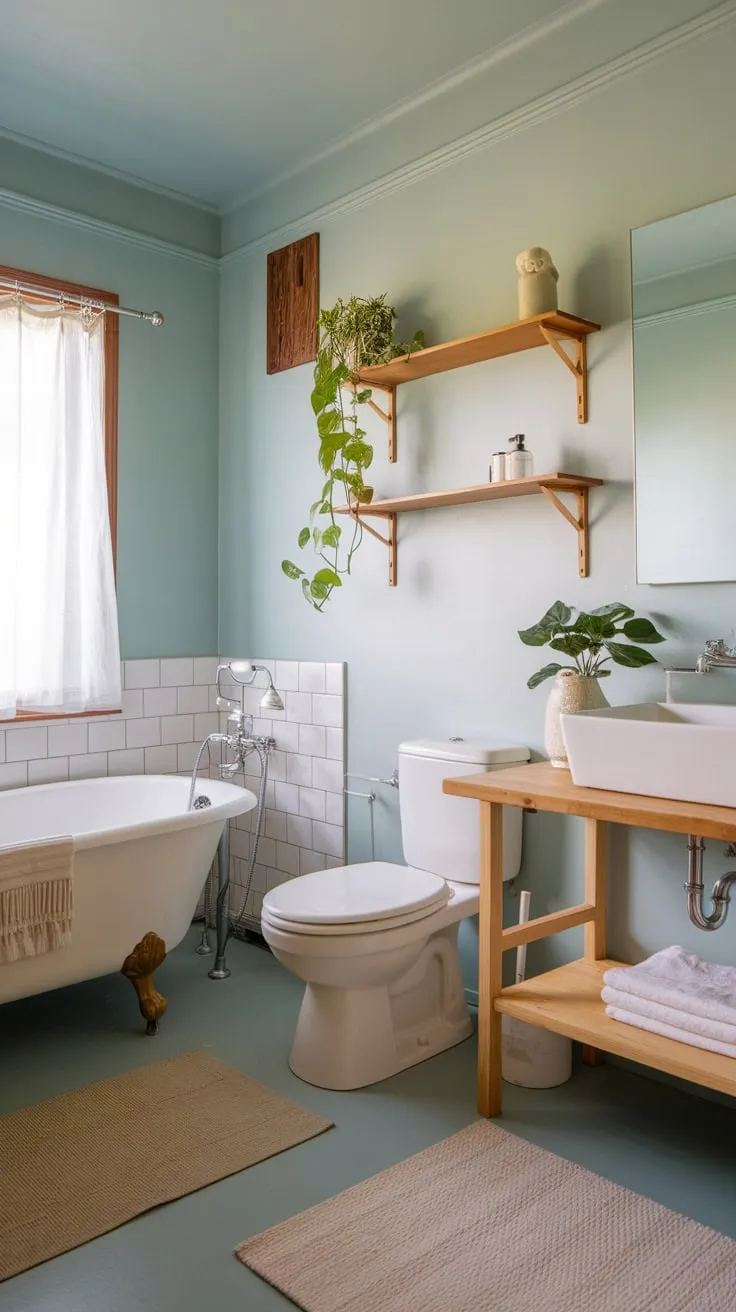 A minimalist Scandinavian bathroom features a white tub, wooden details, and a touch of greenery for a tranquil atmosphere.