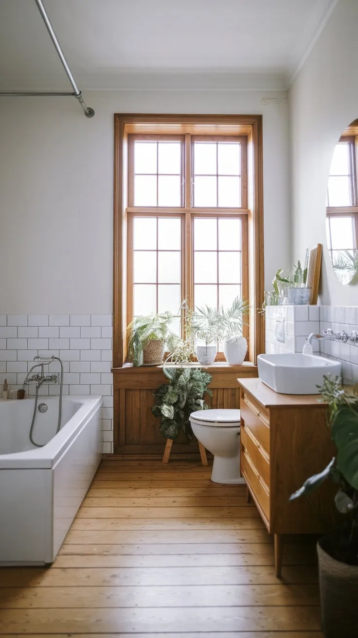 Clean lines and natural wood define this serene Scandinavian-Japandi bathroom.