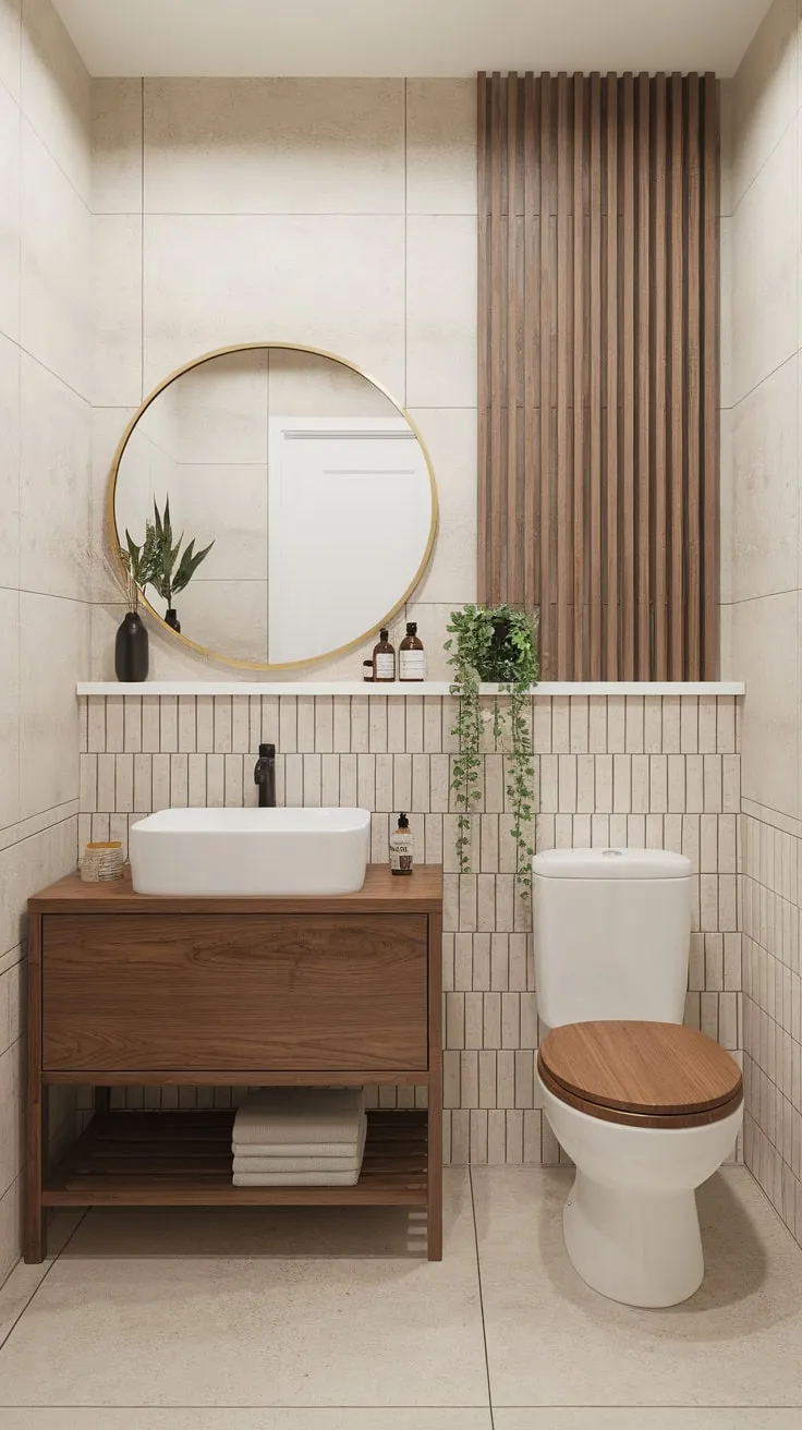 A minimalist Scandinavian bathroom showcases a harmonious blend of wood, white, and gold accents, creating a spa-like atmosphere.