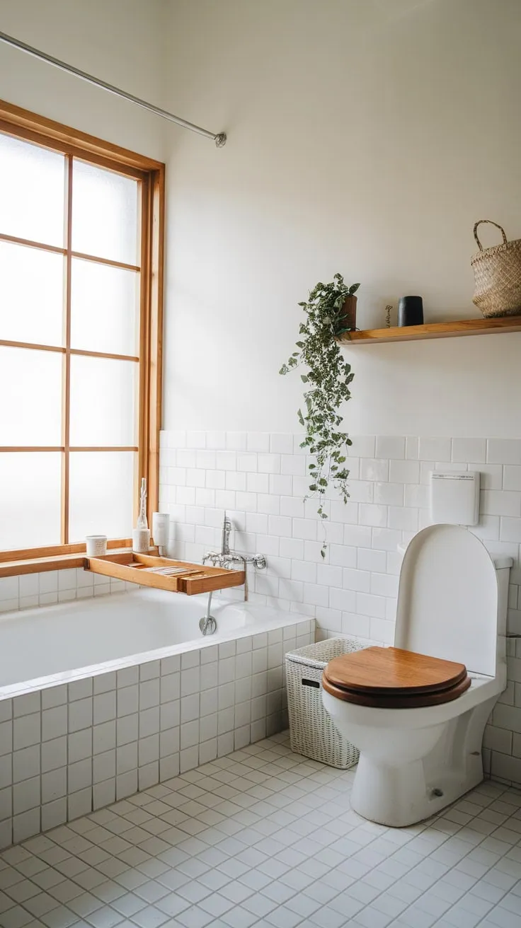 Natural light floods a serene Scandinavian-Japandi bathroom featuring a white tub, wooden accents, and minimalist white tile.