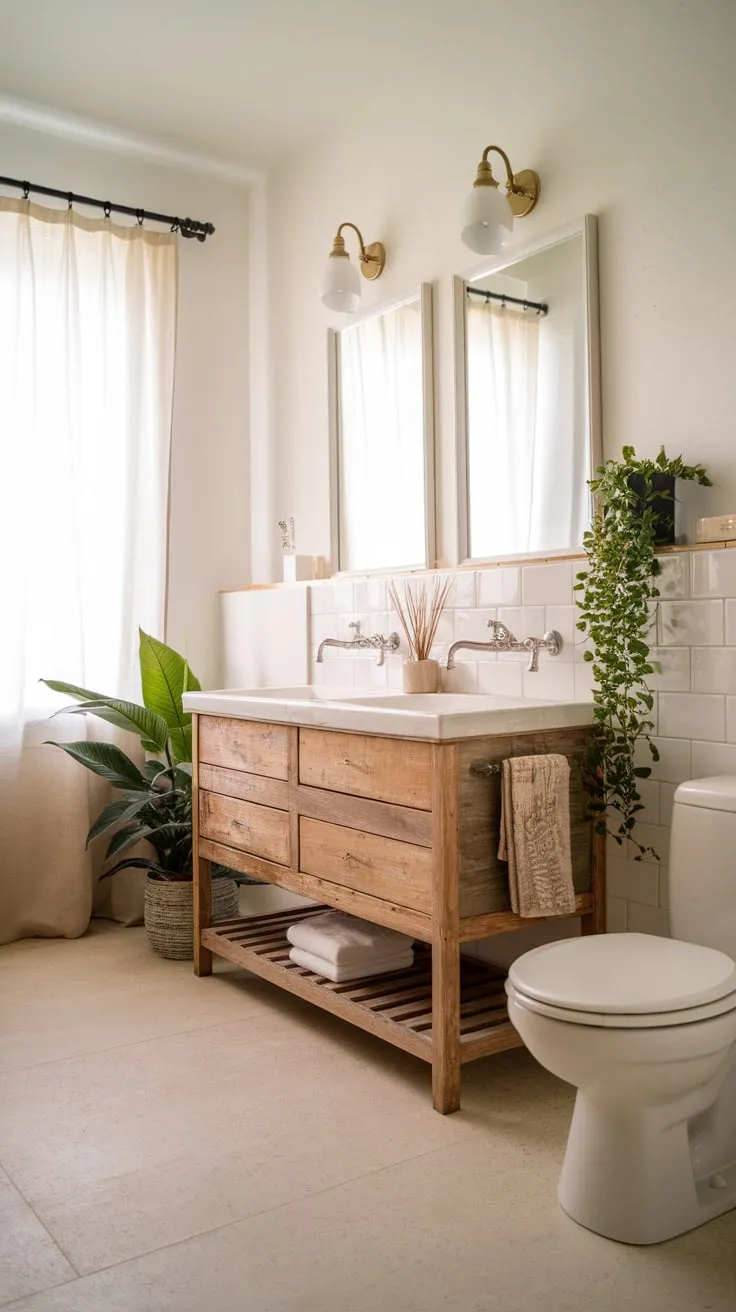 A minimalist Scandinavian bathroom boasts a light-filled space with a wooden double vanity, beige tile floors, and a calming atmosphere.