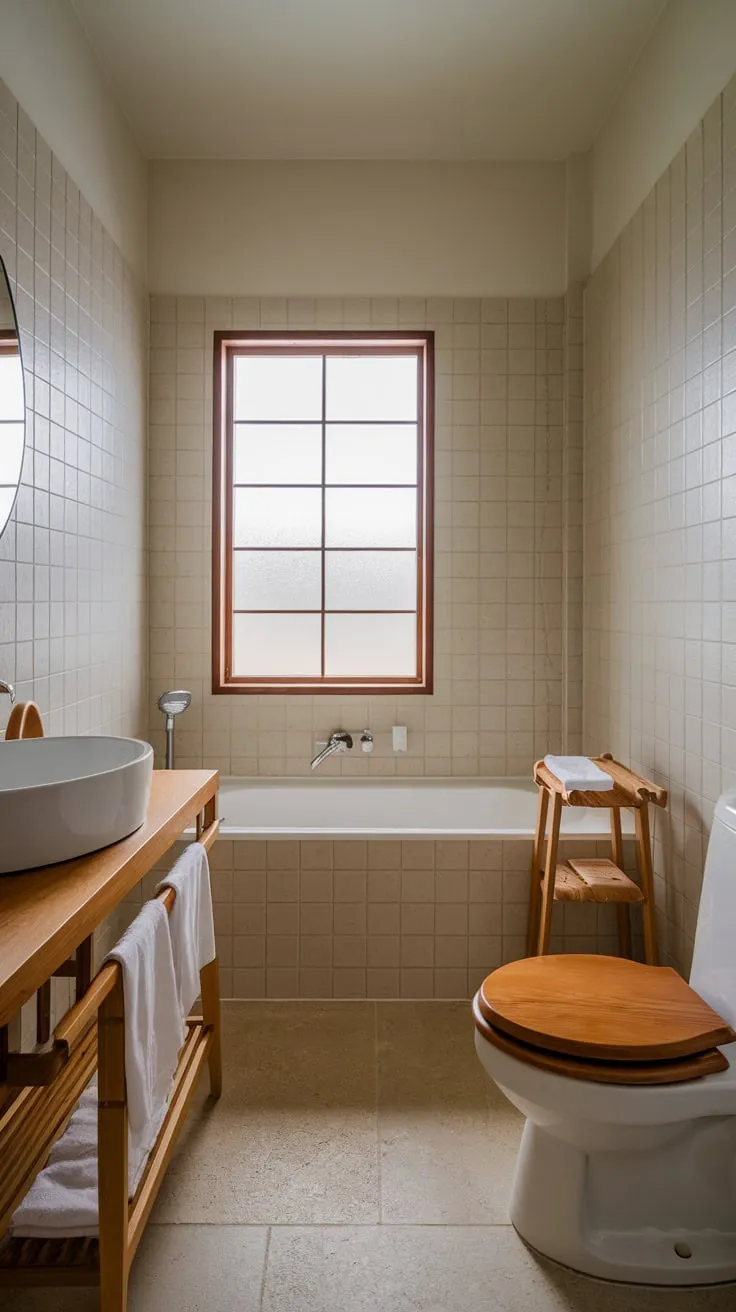 Soft light bathes a serene Scandinavian bathroom featuring a white tub, wooden accents, and beige tiles