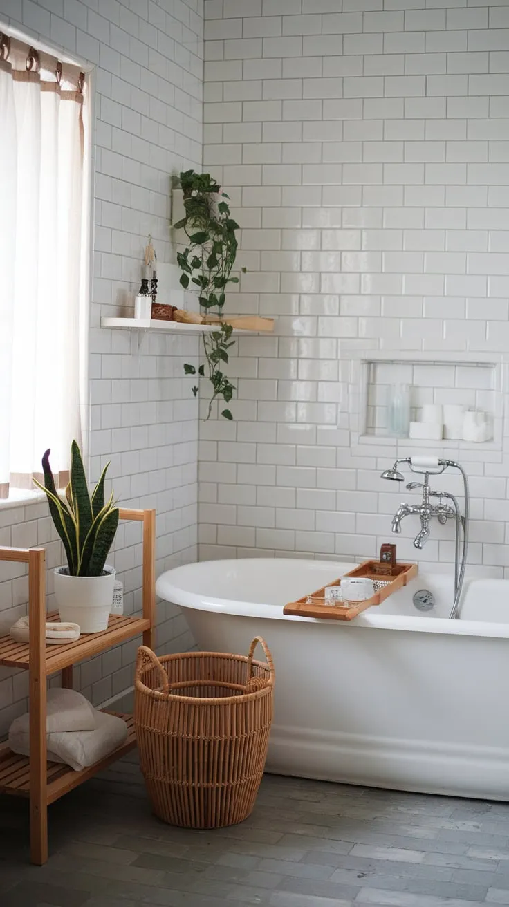 A serene Scandinavian-Japandi bathroom features a freestanding tub, wooden accents, and calming gray tile, creating a spa-like retreat.