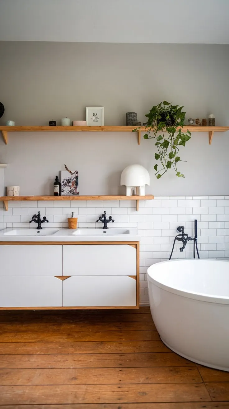 A minimalist white and wood Scandinavian bathroom exudes calm with a freestanding tub and stylish double vanity.