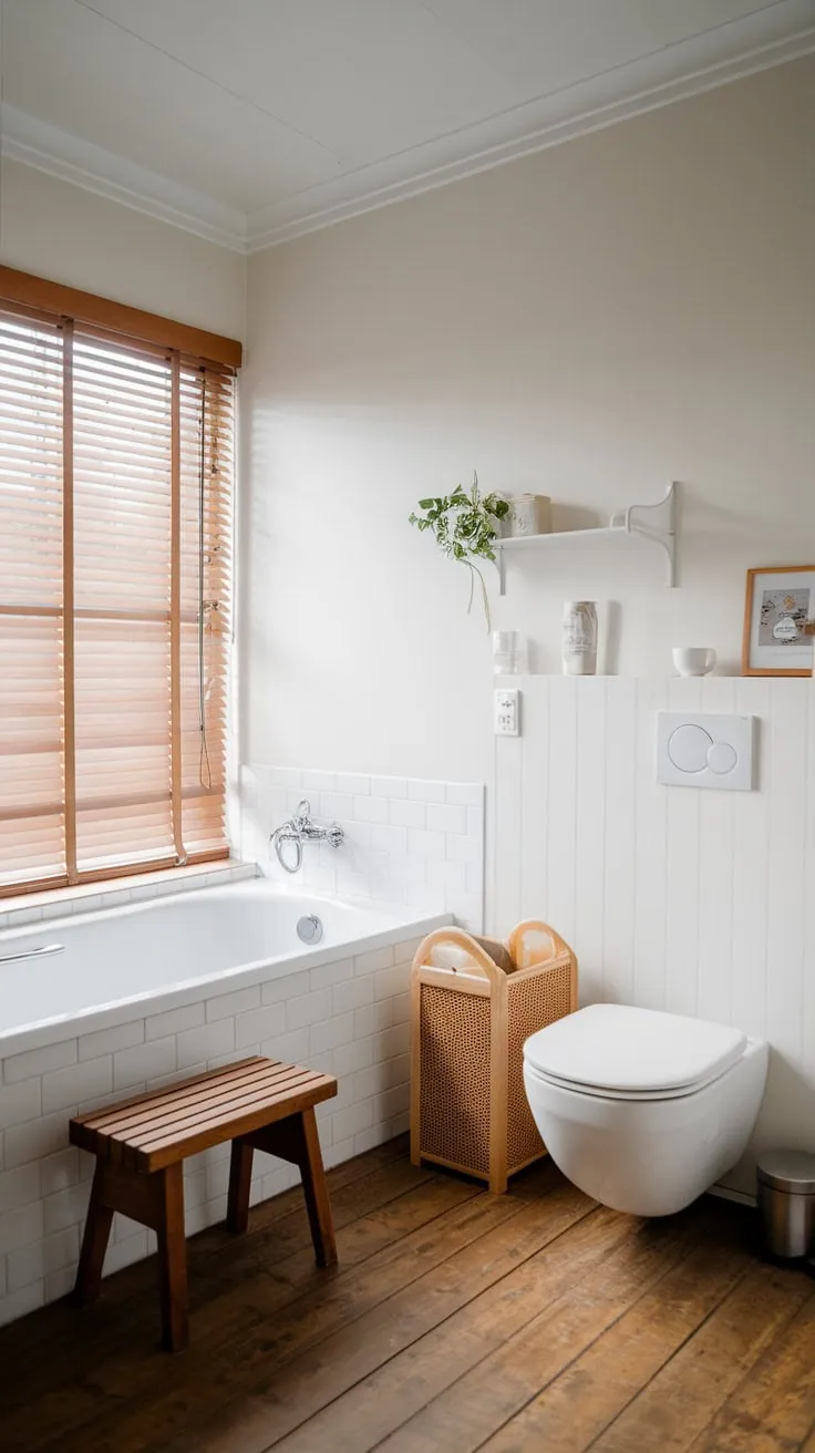 A minimalist white bathroom with wooden accents evokes calm Scandinavian style.