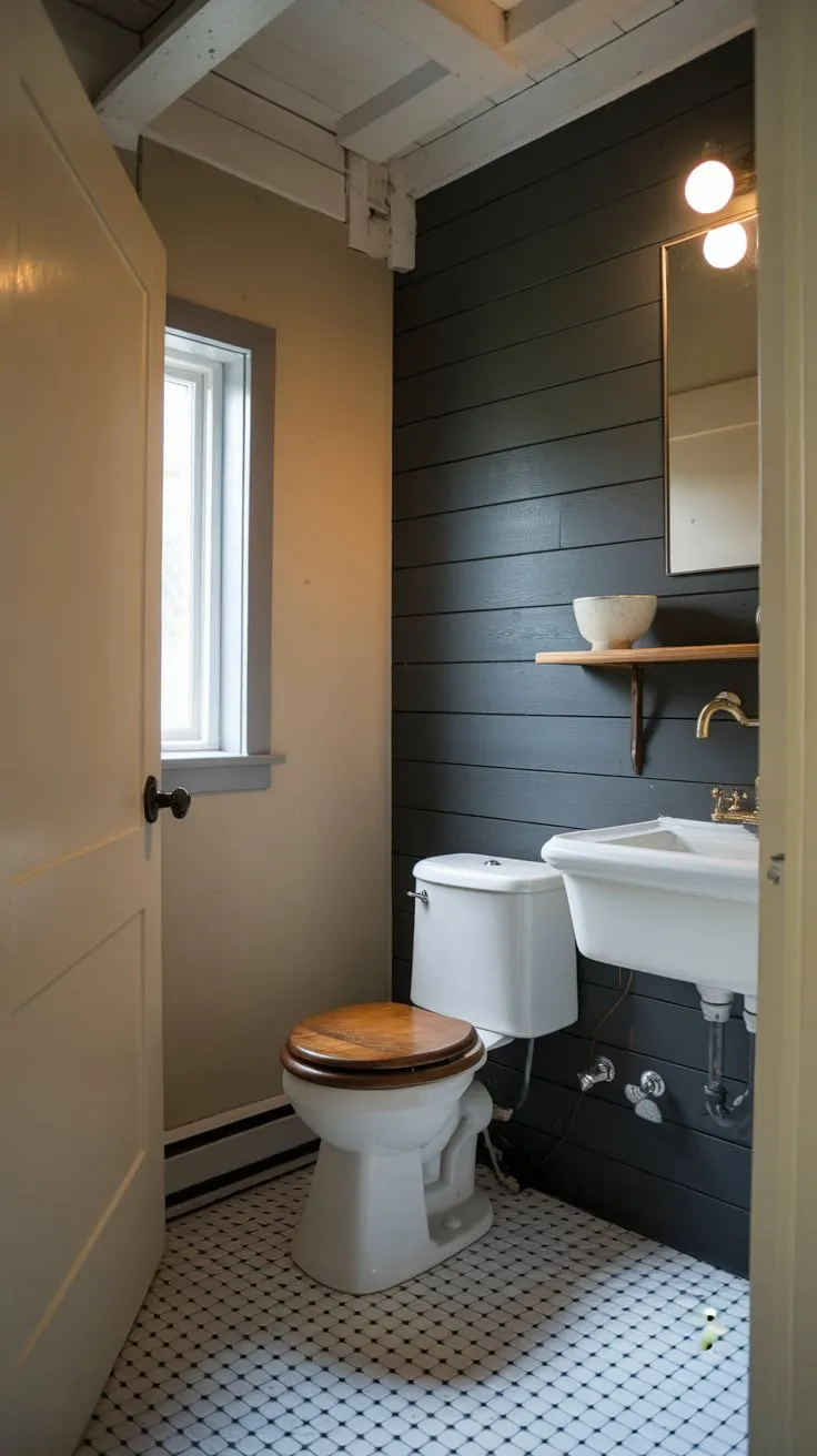 Warm lighting illuminates a Scandinavian Japandi bathroom featuring dark gray shiplap, black and white checkered floors, and brass accents against crisp white fixtures.