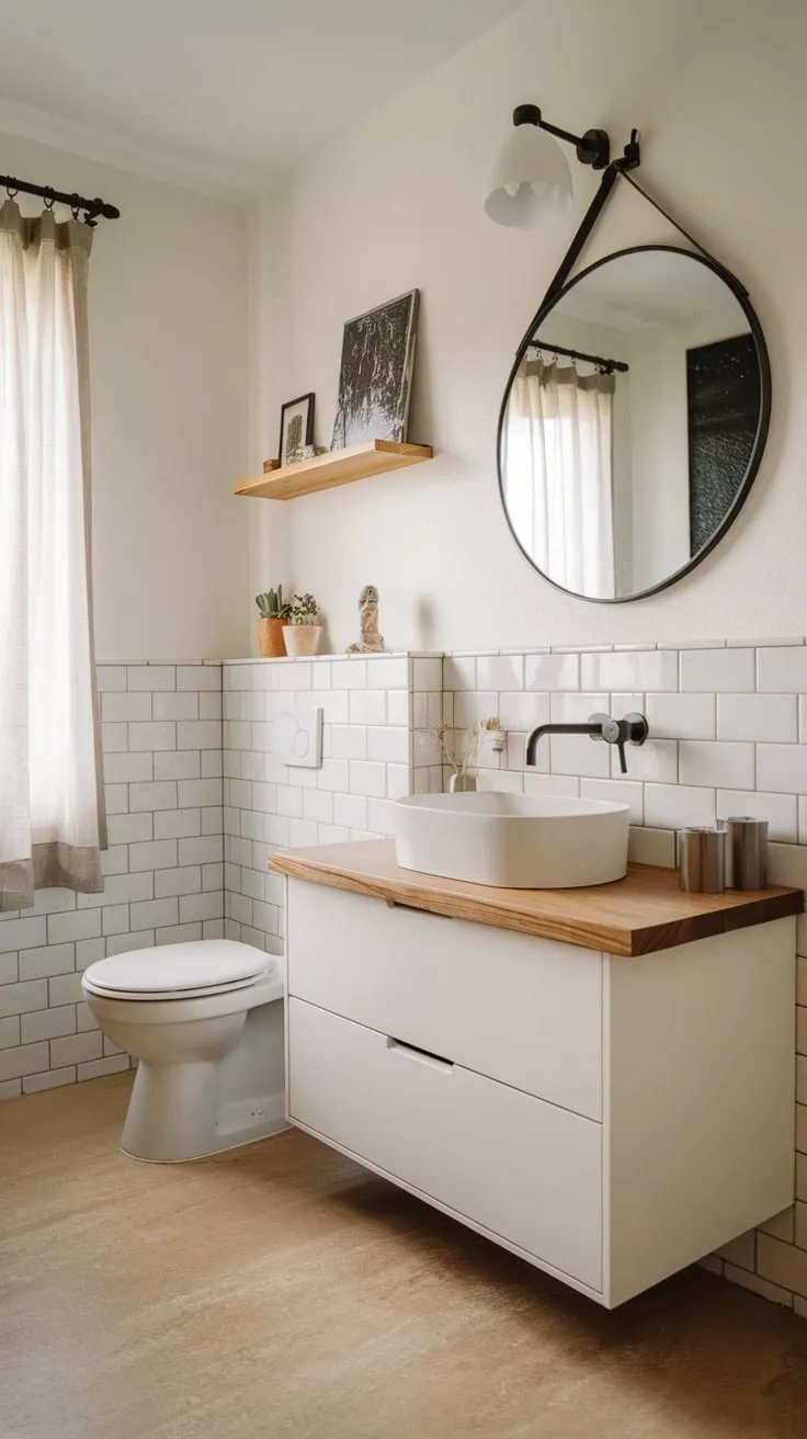 Clean lines and natural materials define this serene Scandinavian-Japandi bathroom.