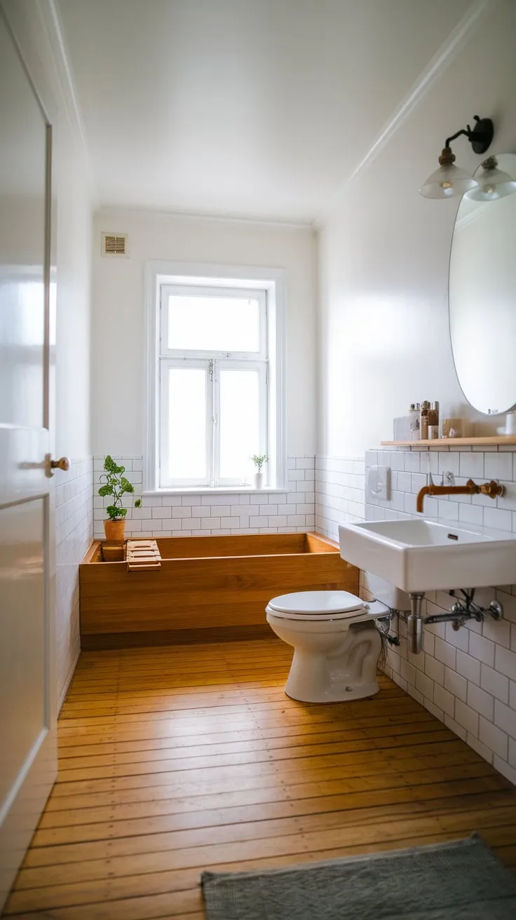 Clean lines and natural wood create a serene Scandinavian-Japandi bathroom sanctuary.