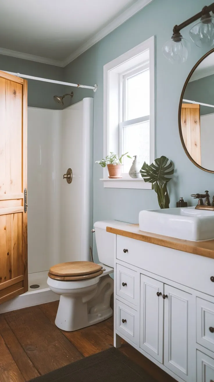 Serene light blue walls, wooden floors and accents, and a minimalist white vanity define this Scandinavian-Japandi bathroom.