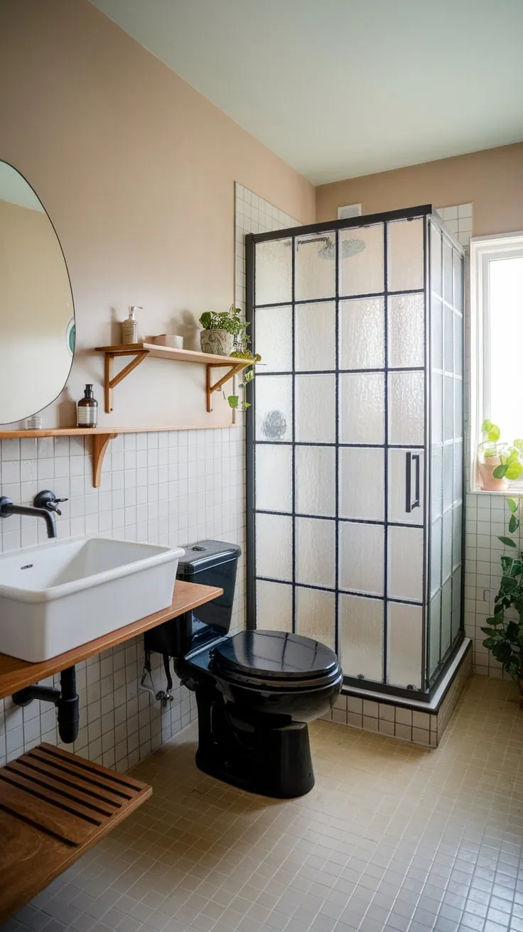 A minimalist Scandinavian bathroom blends wood, white, and black for a calming spa-like atmosphere.