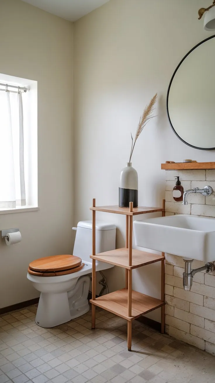 A minimalist white bathroom features warm wood details and subtle Japanese influences for a calming Scandinavian aesthetic.