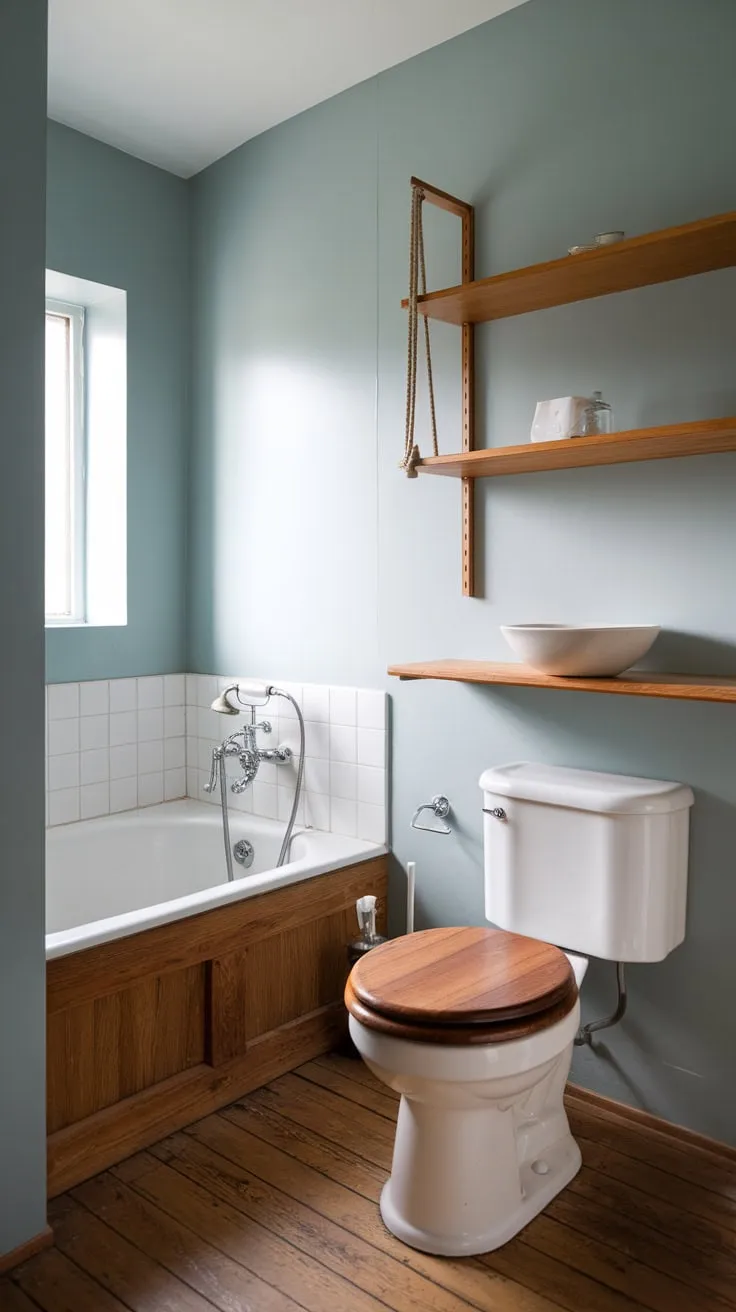 Light blue walls and natural wood accents create a serene Scandinavian-Japandi bathroom sanctuary