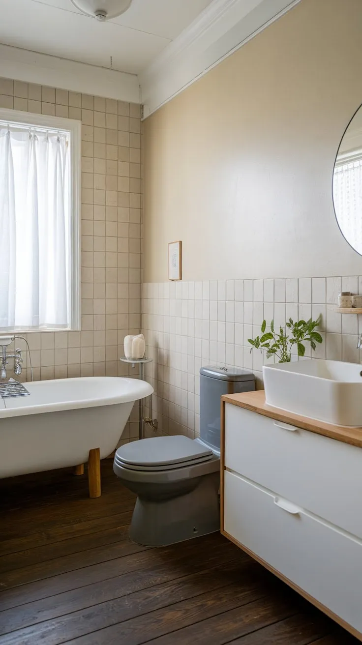 Calm Scandinavian-Japandi serenity reigns in a bathroom featuring a freestanding tub, wooden accents, and beige tile walls.
