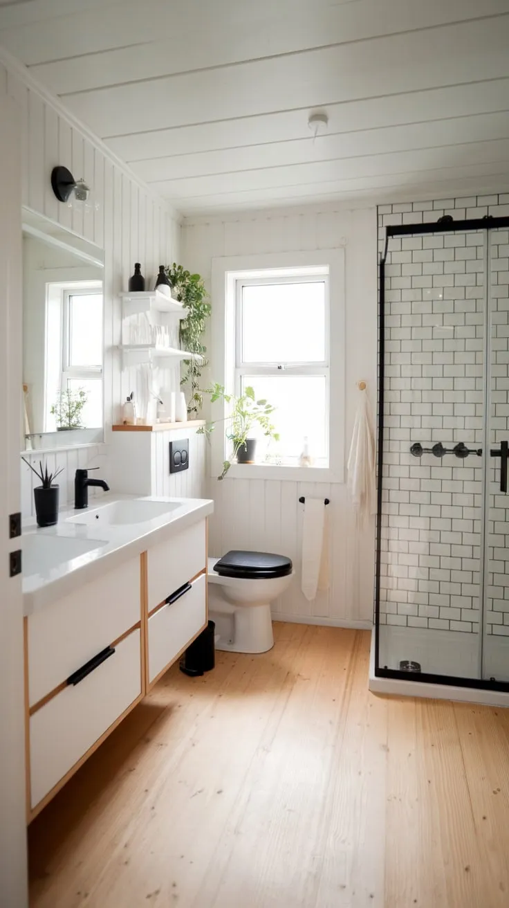 A serene Scandinavian bathroom features light wood, white fixtures, and subtle black details for a clean, airy feel.