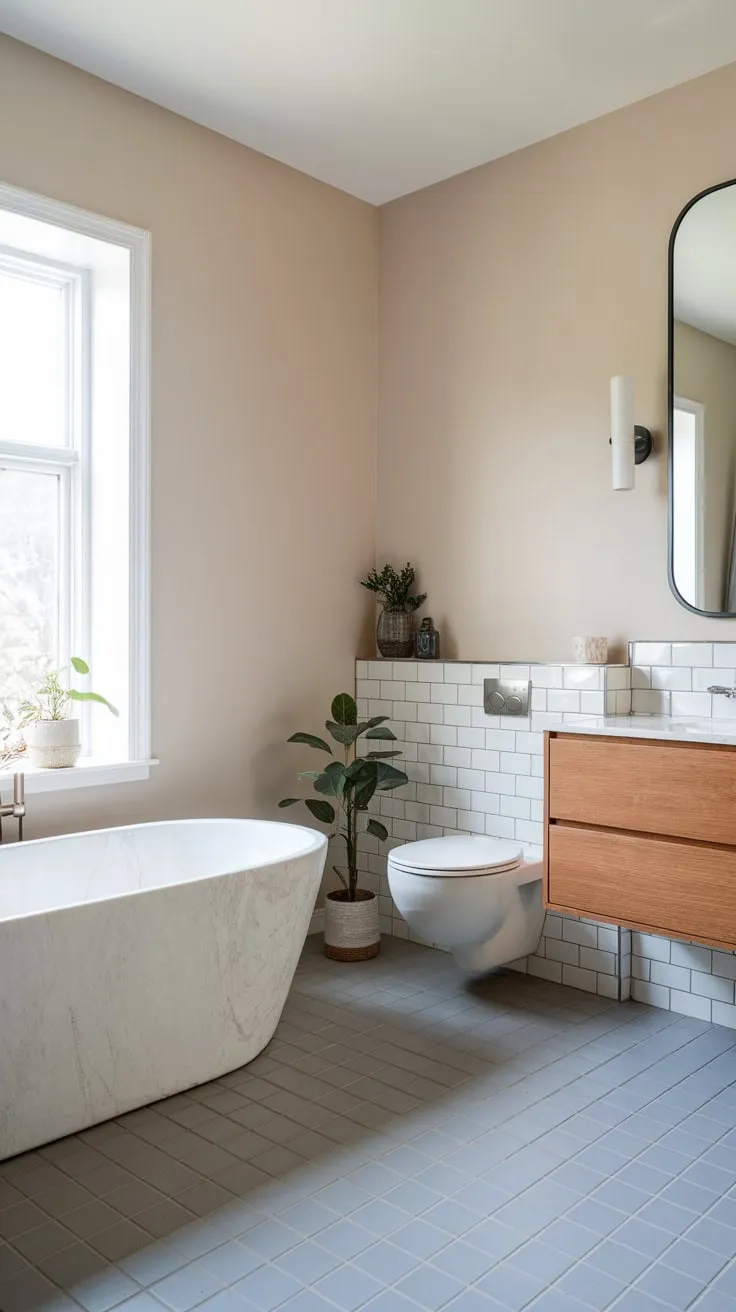 A serene Scandinavian-Japandi bathroom features a marble freestanding tub by a window, a separate toilet, and a wooden floating vanity, all complemented by grey tiles and soft beige walls.