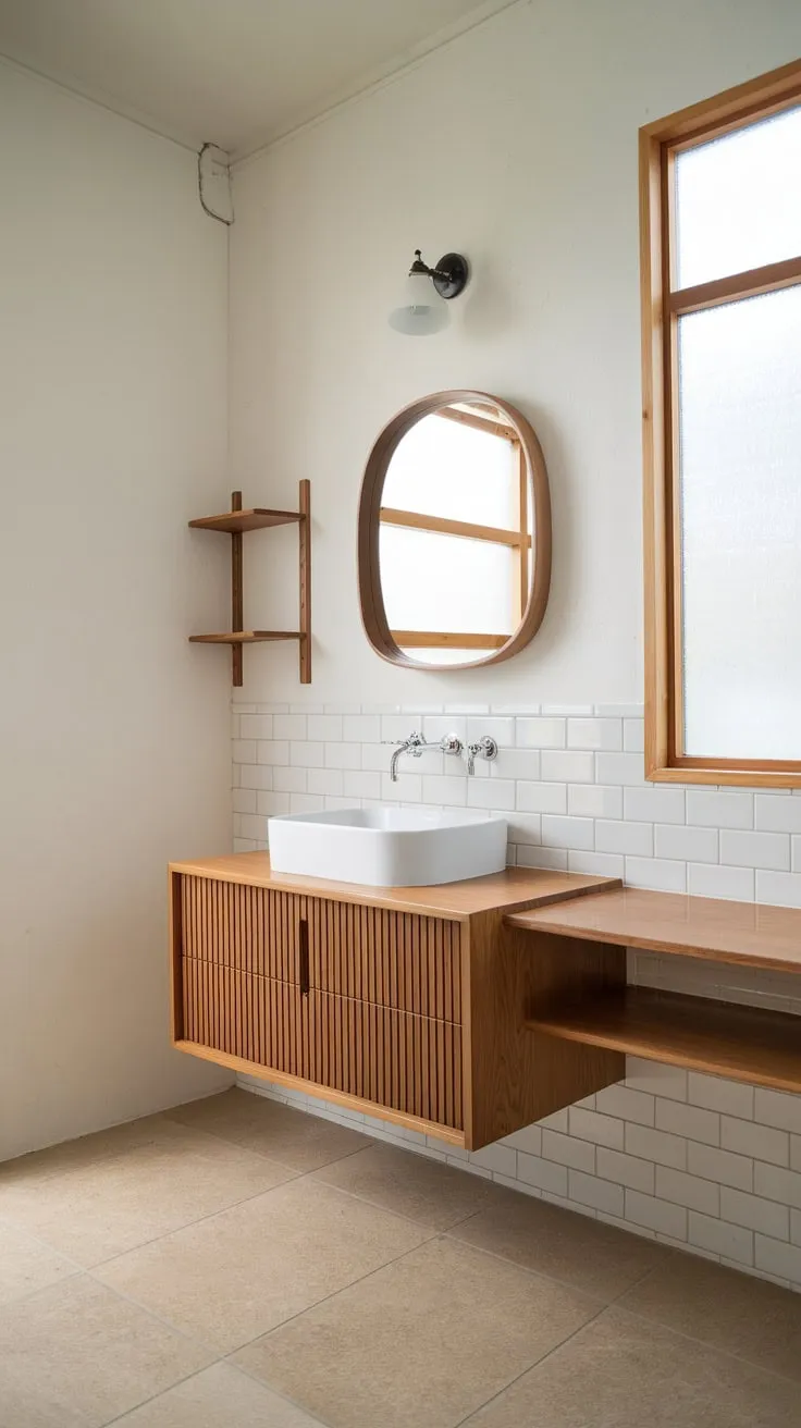 A minimalist floating vanity and warm wood accents create a tranquil Scandinavian bathroom haven.