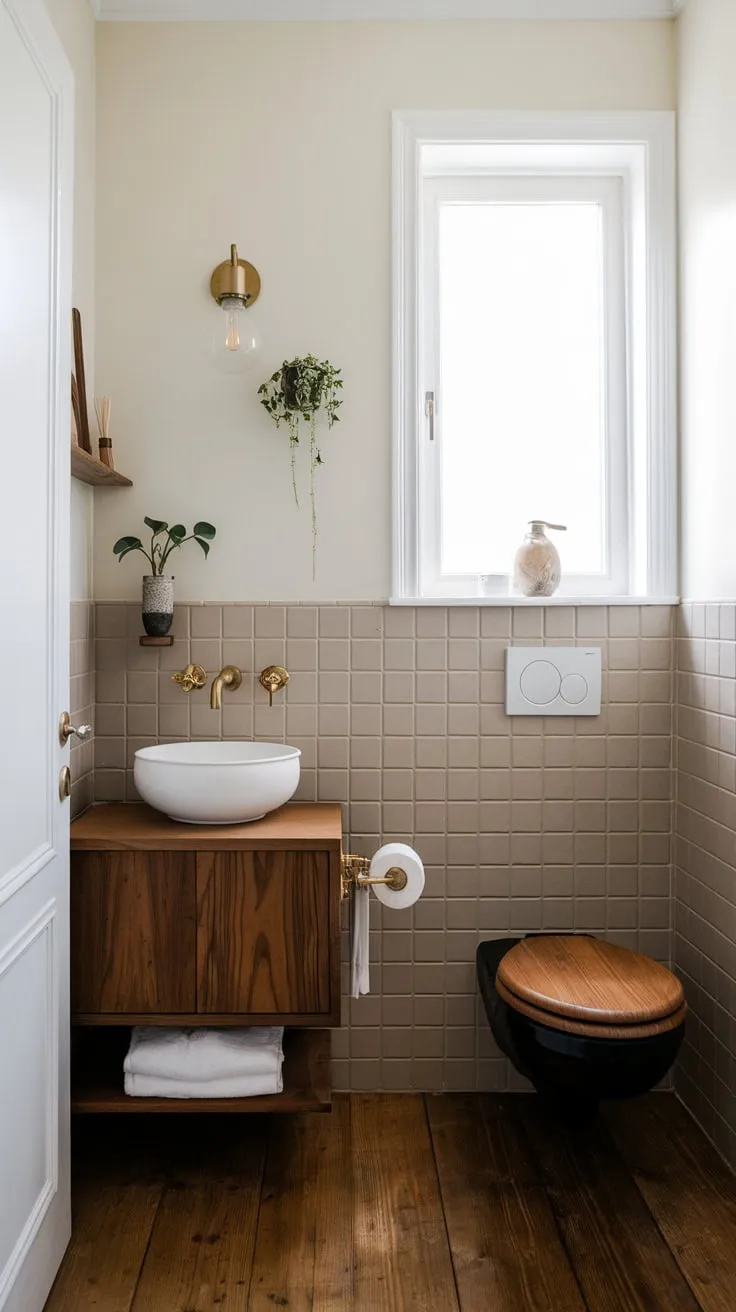 A minimalist Scandinavian bathroom blends Japanese design elements with natural wood and calming beige tones.