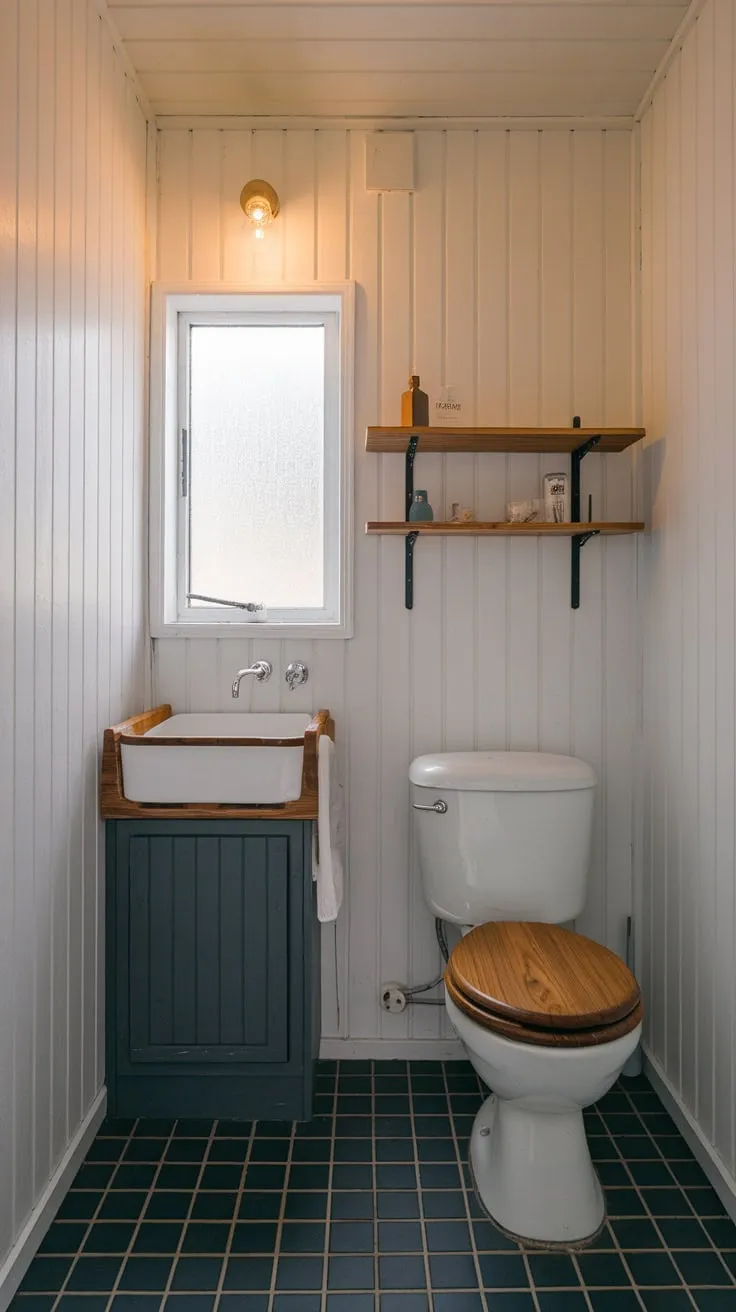 Warm lighting illuminates a serene Scandinavian-Japandi bathroom featuring white wood paneling, dark grey tiles, and minimalist wooden accents.