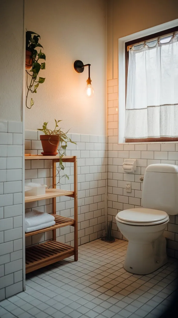 A minimalist Scandinavian bathroom blends Japandi influences with white tiles, wood, and a touch of greenery for a calming spa-like atmosphere.