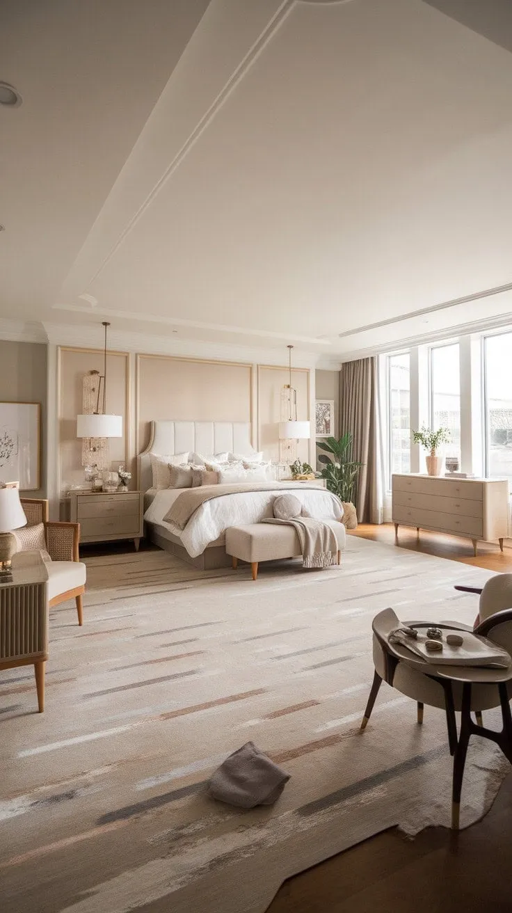 Bathed in sunlight, this Scandinavian-inspired master bedroom harmoniously combines minimalist design with warm wood tones for a tranquil and elegant retreat.