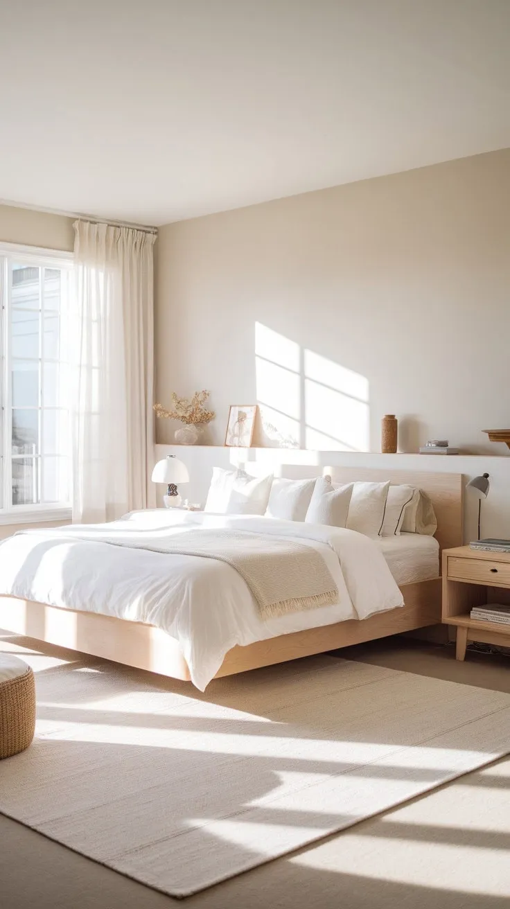 Bathed in sunlight and adorned with light wood accents, this Scandinavian-style master bedroom embodies serene elegance, inviting tranquility and restful contemplation.