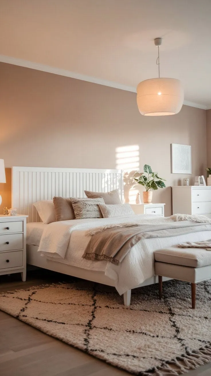 This Scandinavian-inspired master bedroom seamlessly combines comfort and understated elegance, featuring a king-size bed and serene greenery for a tranquil retreat.