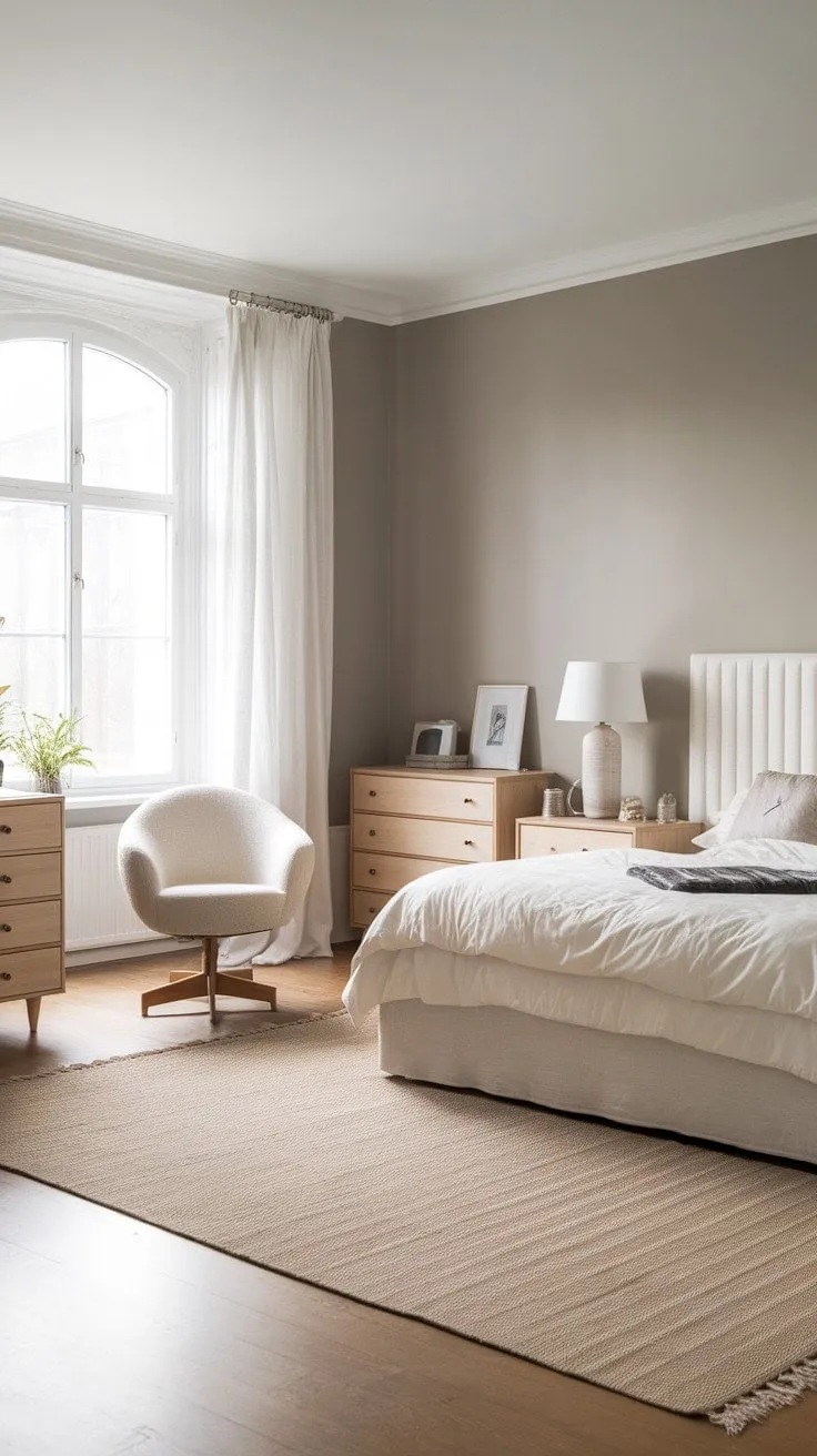 Experience tranquil elegance in this Scandinavian-inspired master bedroom, where soothing neutrals and natural light foster a serene retreat for restful nights and refreshing mornings.