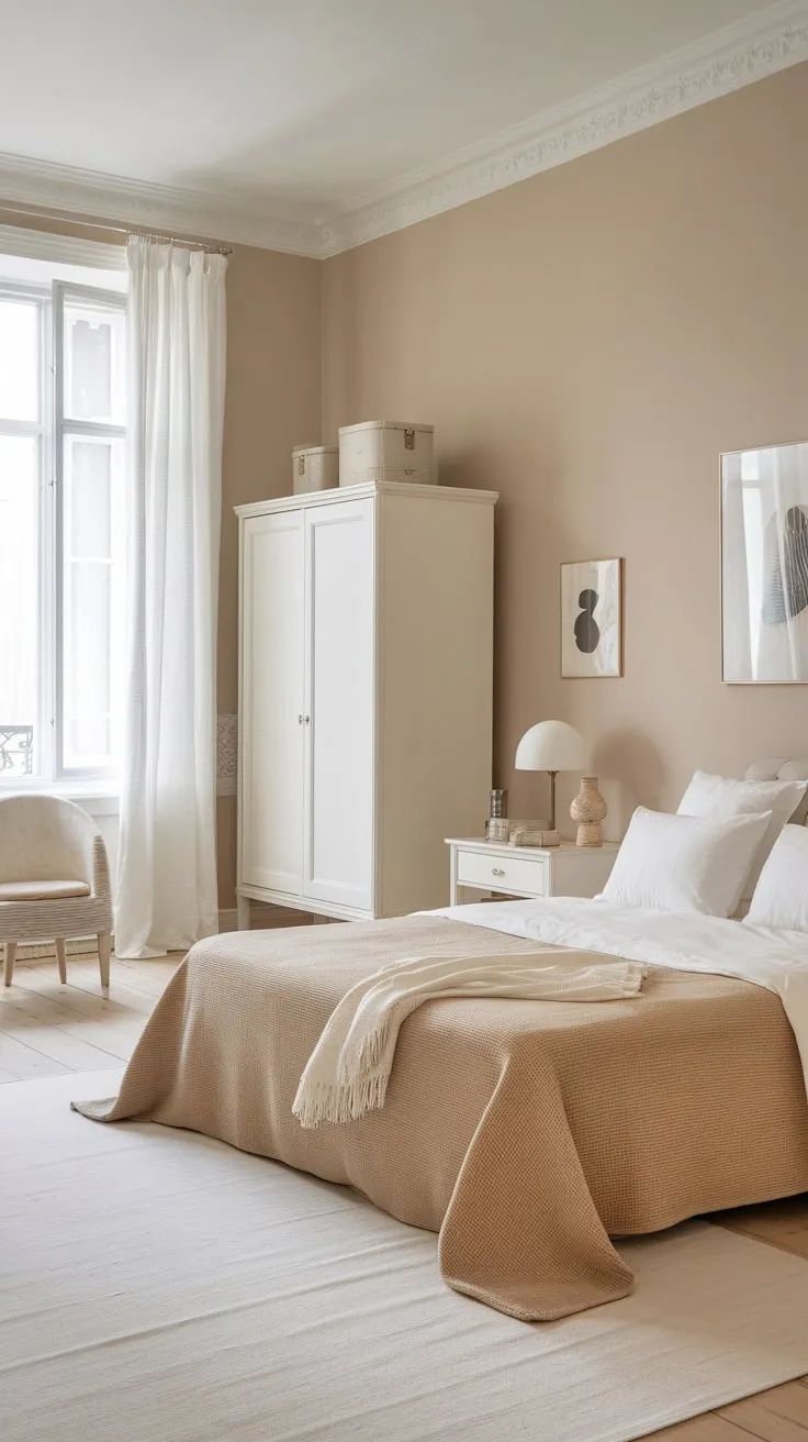 A calming Scandinavian bedroom features a neutral palette, light wood floors, and minimalist furniture for a peaceful retreat.