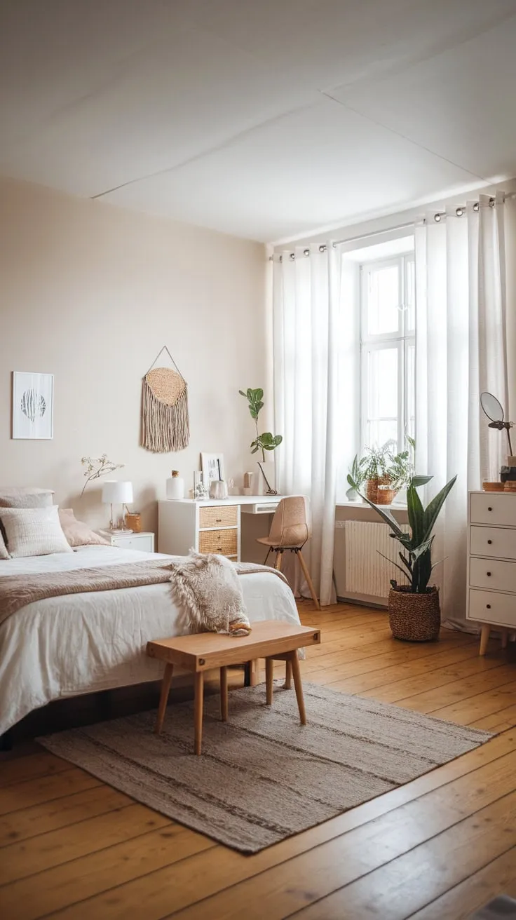 A serene Scandinavian bedroom features a neutral palette, natural wood floors, and minimalist furnishings bathed in soft light from a large window.